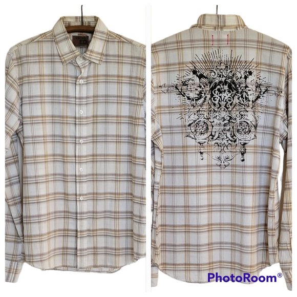 Vintage Red Brand Men's Neutral Button-Down Plaid Shirt with Graphic on Back - Picture 1 of 11